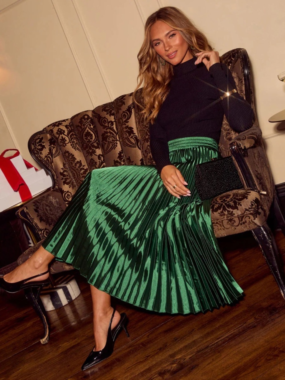 Vici Shiny Emerald Pleated Satin Midi Skirt